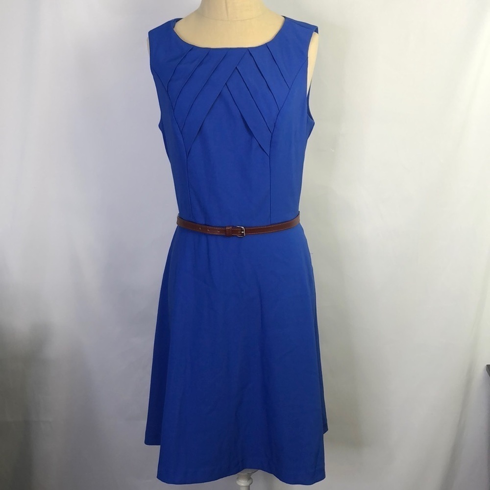 Dress Barn Blue Fit And Flare Belted Dress Size 8
